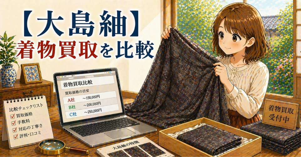 大島紬の細かい柄の着物を広げる女性と買取比較のノートPC