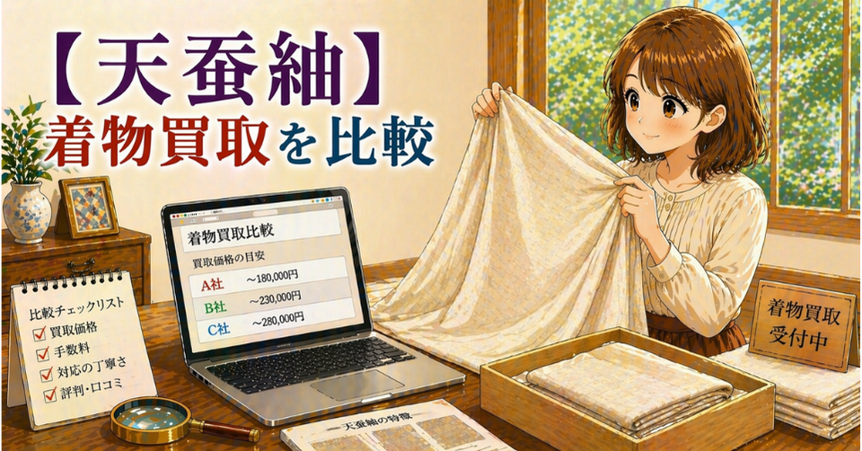 天蚕紬の着物を広げて査定し、買取価格を比較しているイメージ