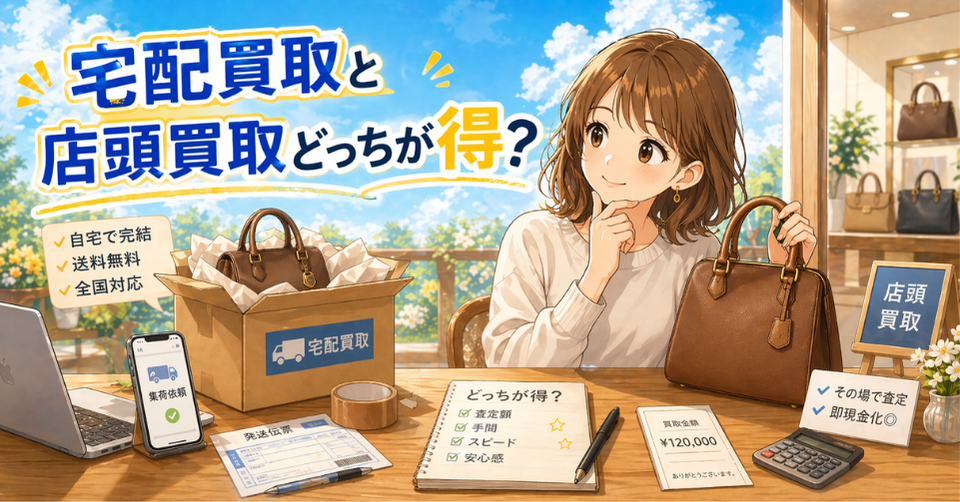 宅配買取と店頭買取を比較してどちらがお得か悩む女性のイラスト