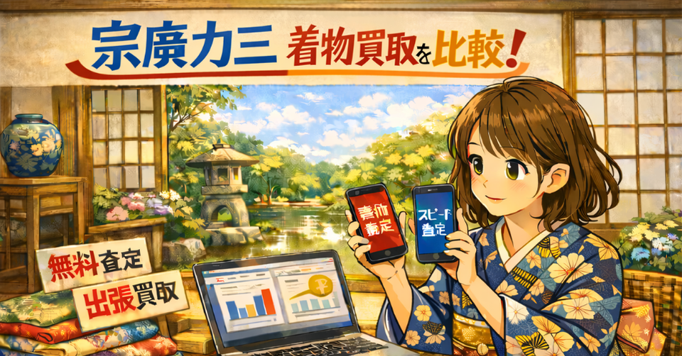 宗京力三 着物 買取 比較のイメージ画像。着物姿の女性が査定比較をしている和風バナー。