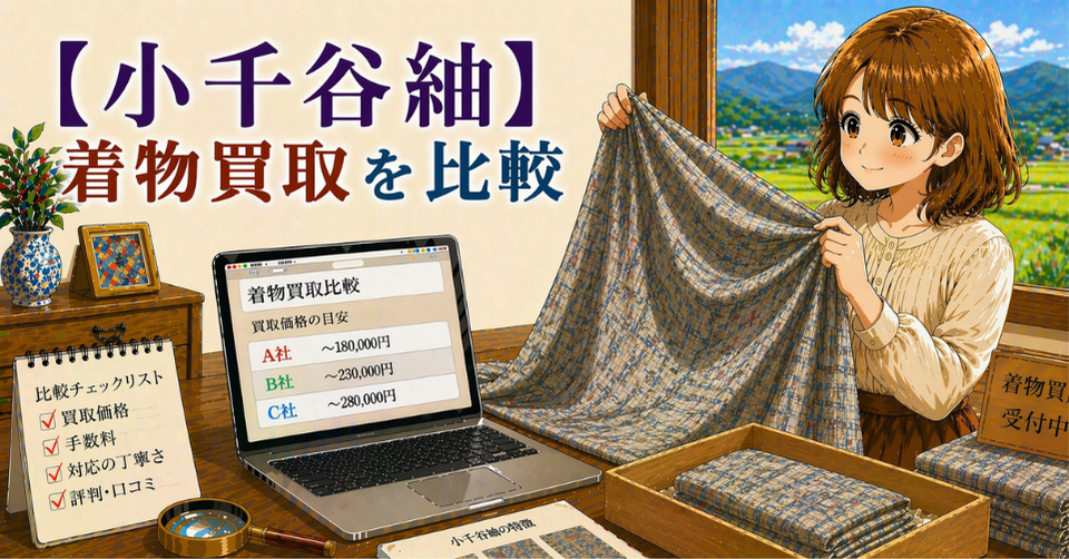 小千谷紬の着物を広げて買取価格を確認している様子