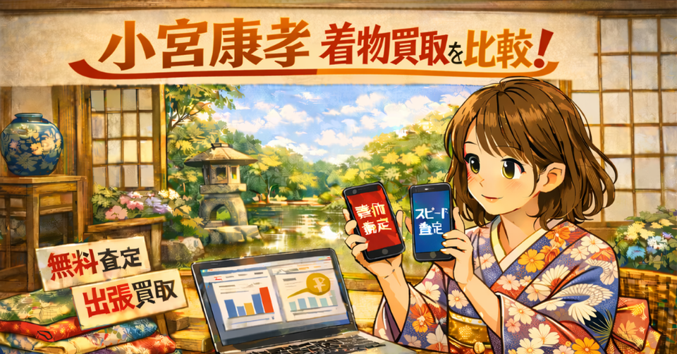 小宮康孝 着物 買取 比較のイメージ画像。着物姿の女性が査定比較をしている和風バナー。