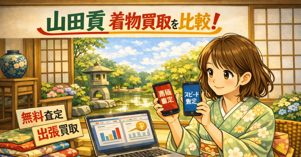 山田貢 着物 買取 比較のイメージ画像。着物姿の女性が査定比較をしている和風バナー。