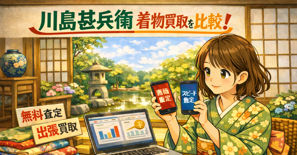 川島甚兵衛 着物 買取 比較のイメージ画像。着物姿の女性が査定比較をしている和風バナー。