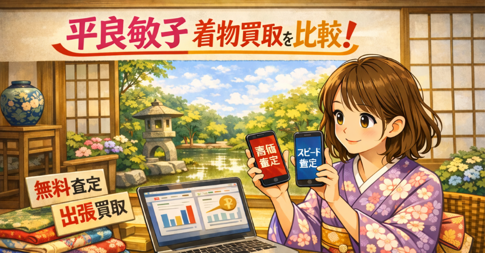 平良敏子 着物 買取 比較のイメージ画像。着物姿の女性が査定比較をしている和風バナー。