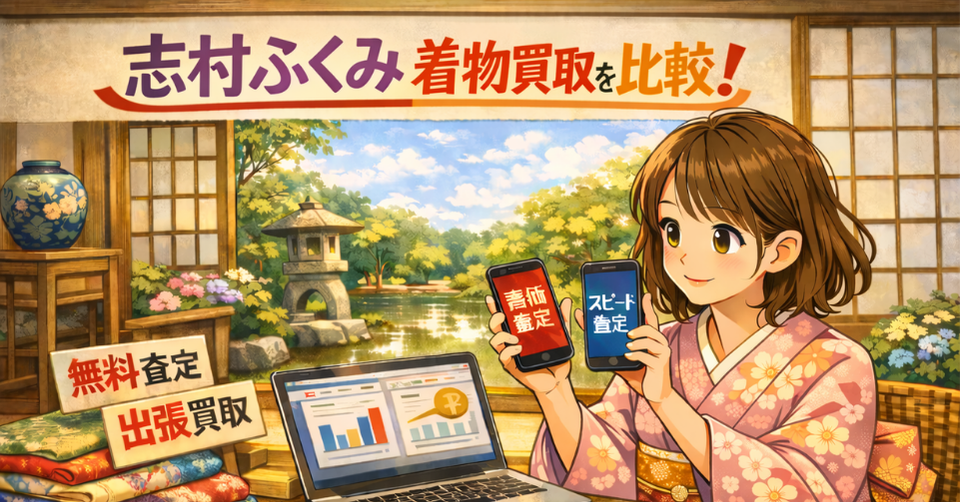 志村ふくみ 着物 買取 比較のイメージ画像。着物姿の女性が査定比較をしている和風バナー。
