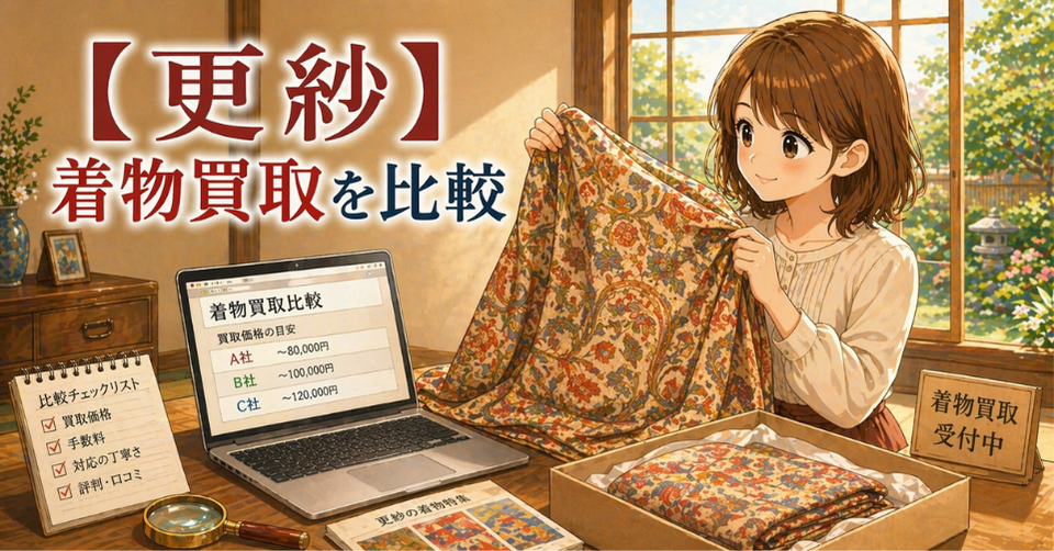 更紗模様の着物を広げる女性と買取相場を比較するノートパソコン