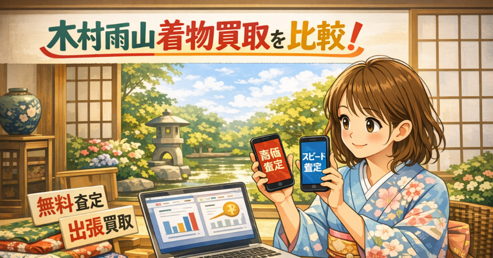 木村雨山 着物 買取 比較のイメージ画像。着物姿の女性が査定比較をしている和風バナー。
