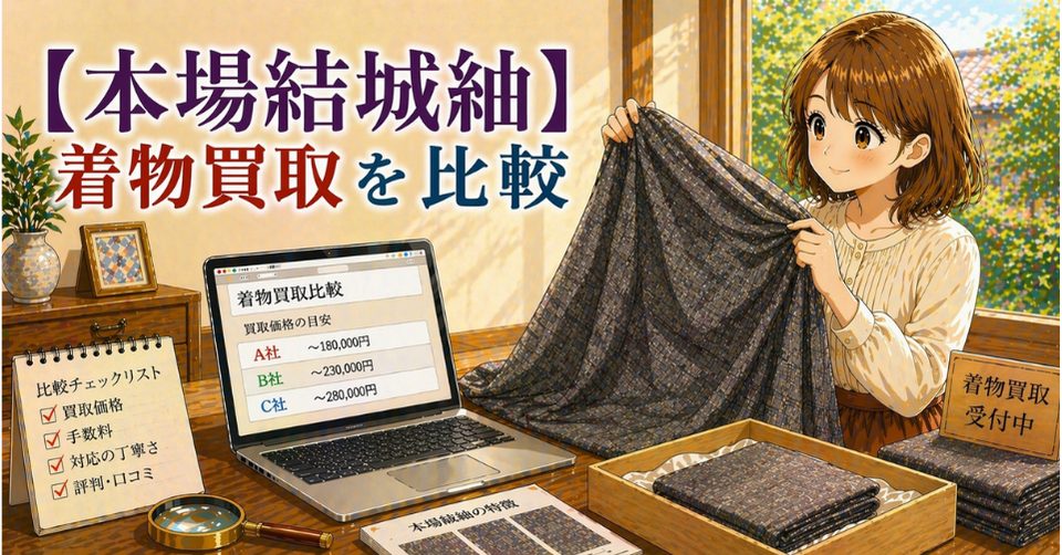 本場結城紬の織り柄の着物を広げる女性と査定価格を確認するPC