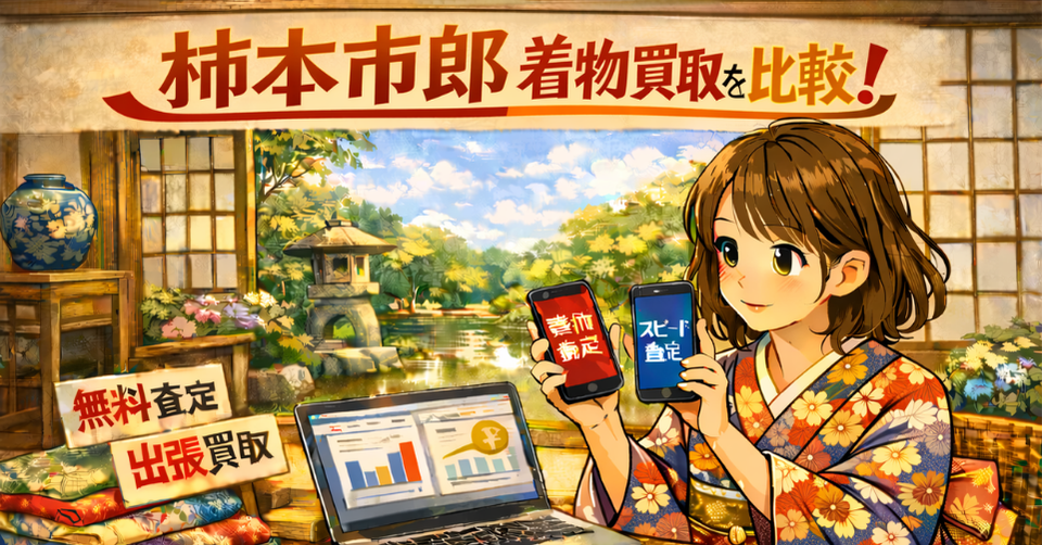 柿本市郎 着物 買取 比較のイメージ画像。着物姿の女性が査定比較をしている和風バナー