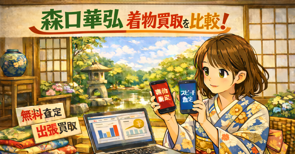 森口華弘 着物 買取 比較のイメージ画像。着物姿の女性が査定比較をしている和風バナー。