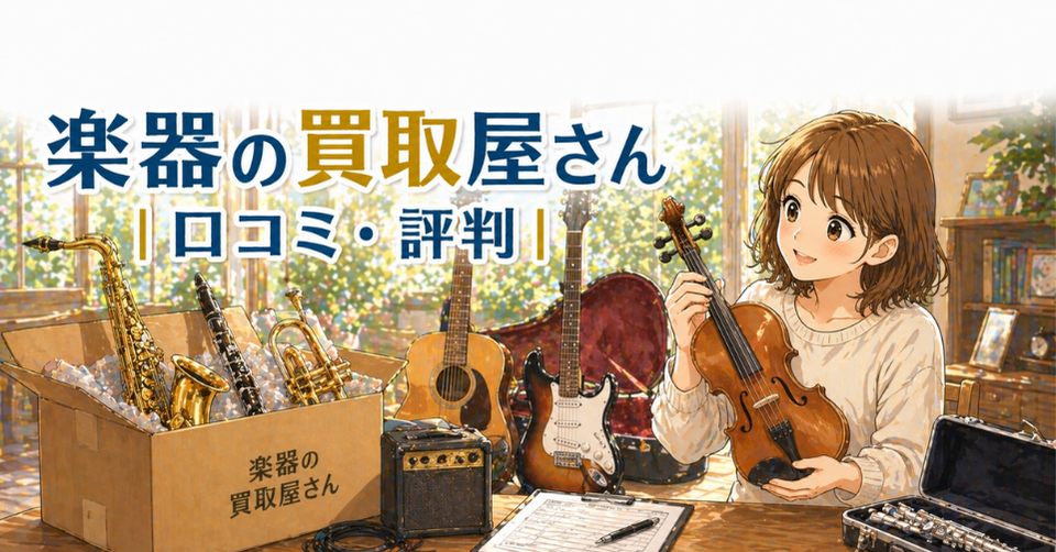 ギターや管楽器を査定に出す女性のイラスト