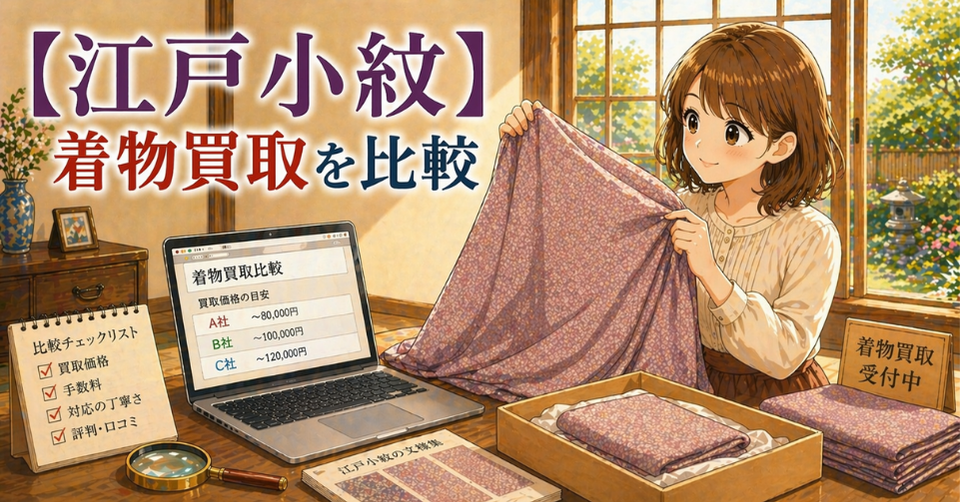 細かい柄の江戸小紋を広げる女性と買取価格を確認するノートPC