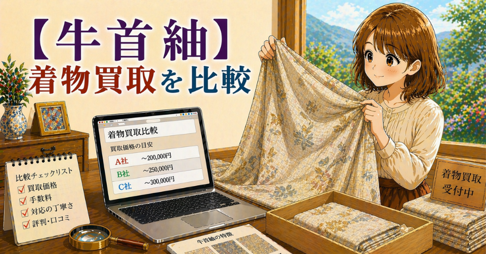 牛首紬の着物を手に取り買取価格を比較しているイメージ