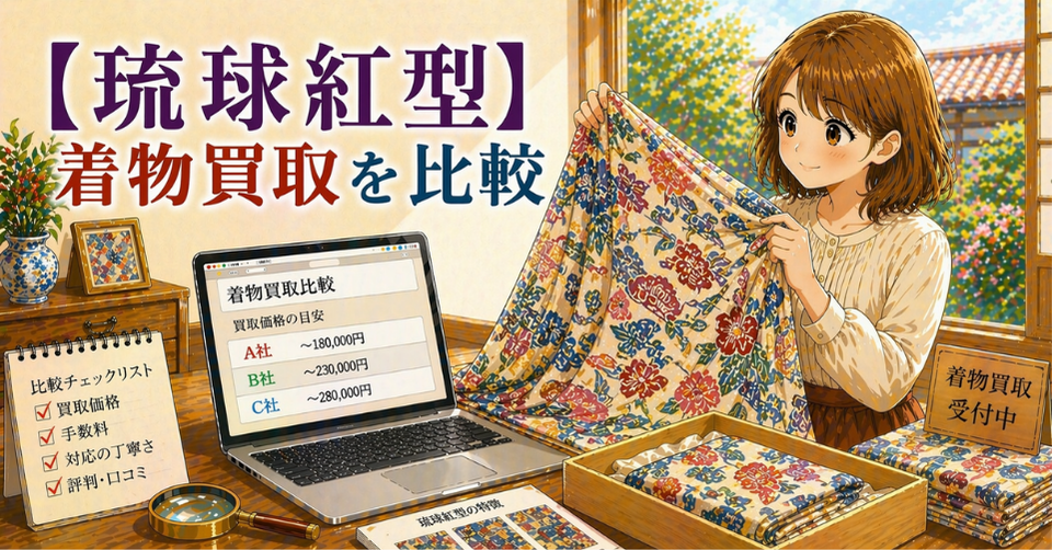 琉球紅型の華やかな着物を確認しながら買取価格を比較している様子