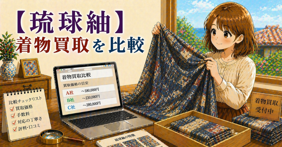 琉球紬の模様を広げて買取価格をチェックしている様子