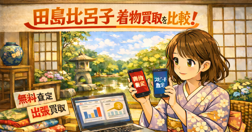 田島比呂子 着物 買取 比較のイメージ画像。着物姿の女性が査定比較をしている和風バナー。