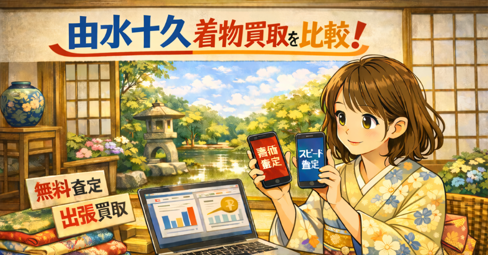 由水十久 着物 買取 比較のイメージ画像。着物姿の女性が査定比較をしている和風バナー。