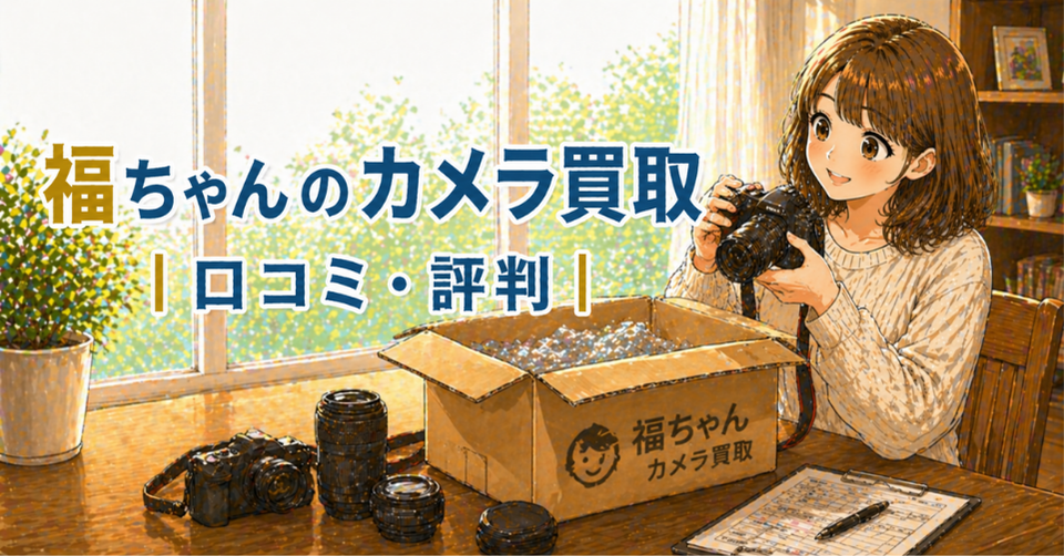 カメラやレンズを箱に入れて買取に出す女性のイラスト