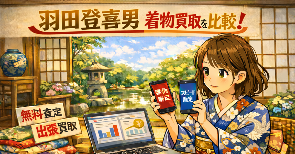 着物姿の女性が査定比較をしている和風バナー