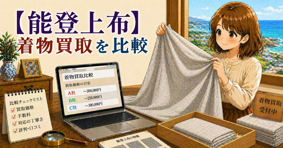 能登上布の着物を広げて買取価格を比較している様子
