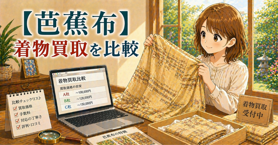 芭蕉布の自然な色合いの着物を持つ女性と買取比較画面