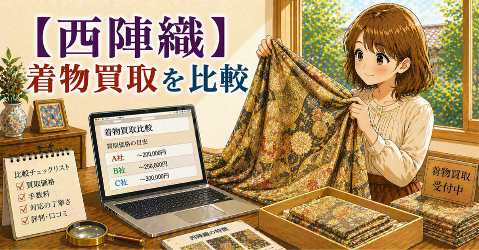 西陣織の豪華な織物を広げて買取価格を比較しているイメージ