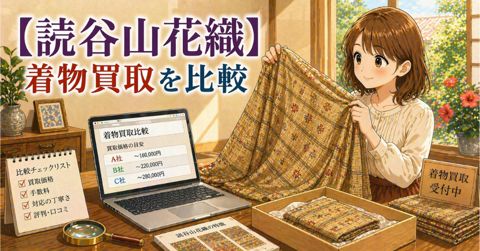 読谷山花織の格子柄着物を持つ女性と価格比較のパソコン画面