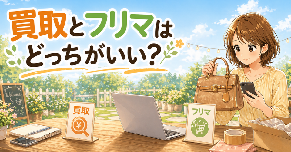 バッグを売る方法として、買取とフリマのどちらがよいかを比較している女性のイメージ