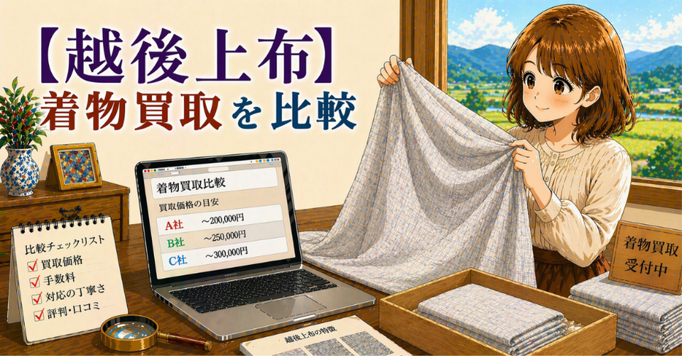 越後上布の繊細な麻織物を確認している査定シーン