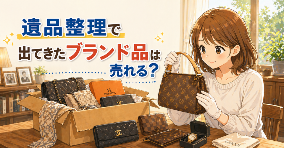 遺品整理で見つかったブランドバッグを手に取り査定する女性のイラスト