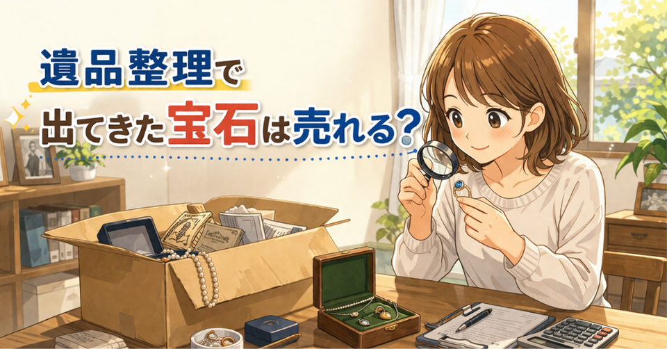 遺品整理で見つかった宝石をルーペで確認し査定している女性のイラスト