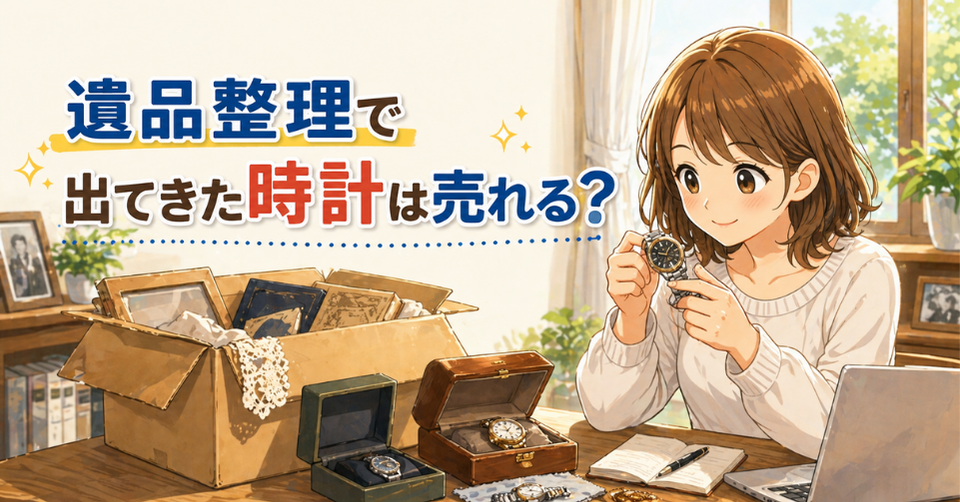 遺品整理で見つかった腕時計を手に取り状態を確認する女性のイラスト