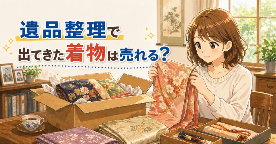 遺品整理で見つかった着物を広げて状態を確認する女性のイラスト