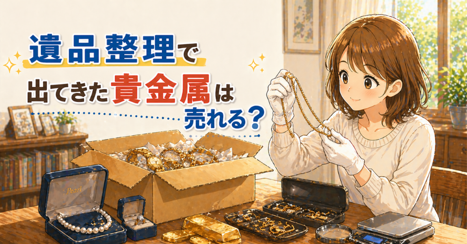 遺品整理で見つかった金やアクセサリーを手に取り確認する女性のイラスト
