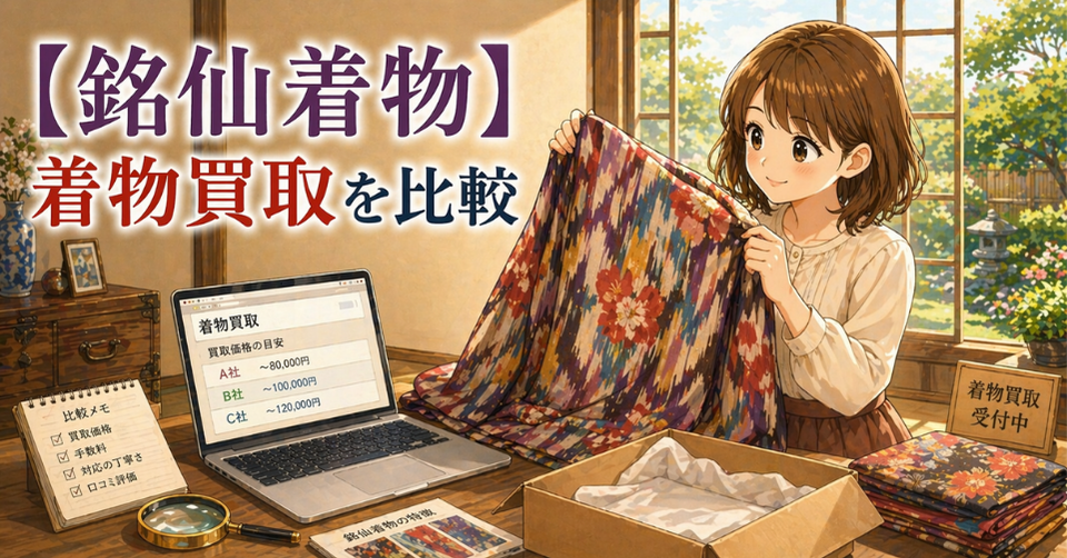 銘仙柄のカラフルな着物を持つ女性と買取価格を表示したパソコン画面