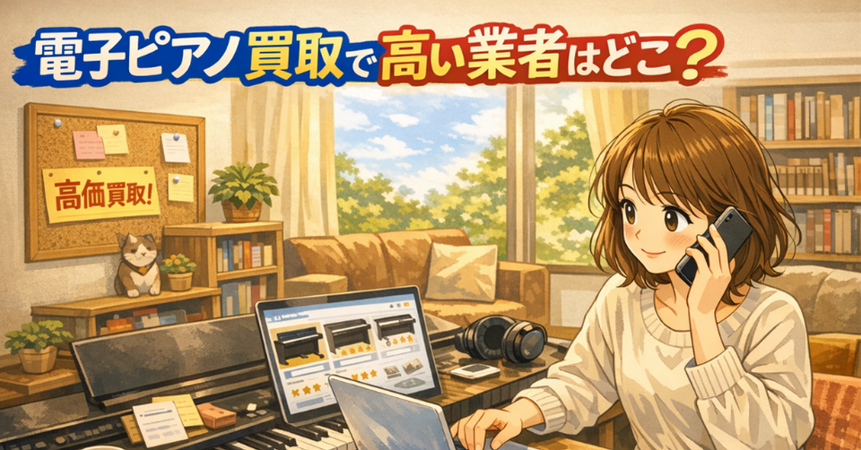 自宅で電子ピアノの買取業者を比較しながら電話相談する女性のイラスト