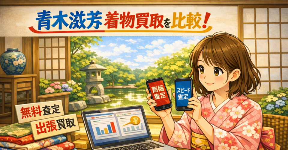 青木滋芳 着物 買取 比較のイメージ画像。着物姿の女性が査定比較をしている和風バナー。