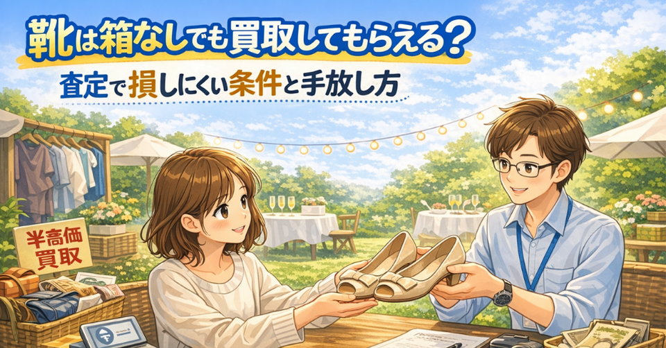 箱なしの靴を査定に出す女性と、箱なしでも買取できる条件や損しにくい手放し方をイメージしたアイキャッチ画像