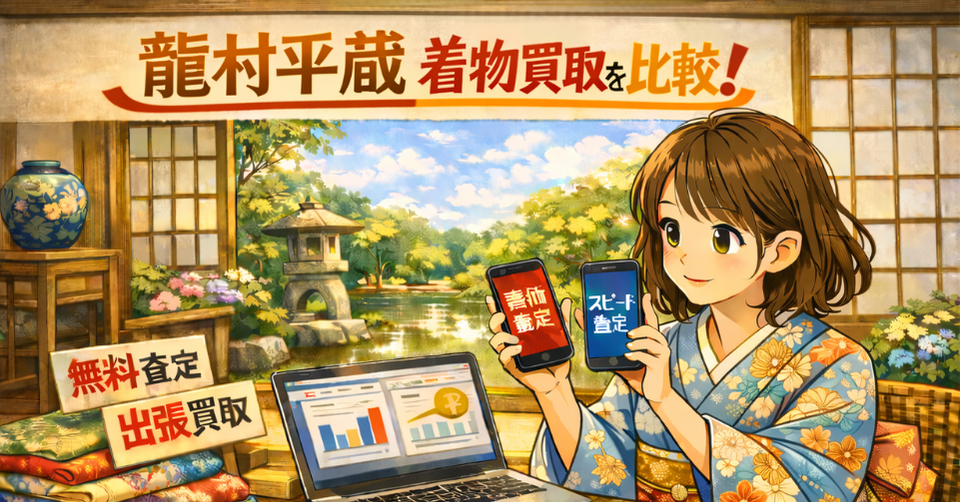 龍村平蔵 着物 買取 比較のイメージ画像。着物姿の女性が査定比較をしている和風バナー。