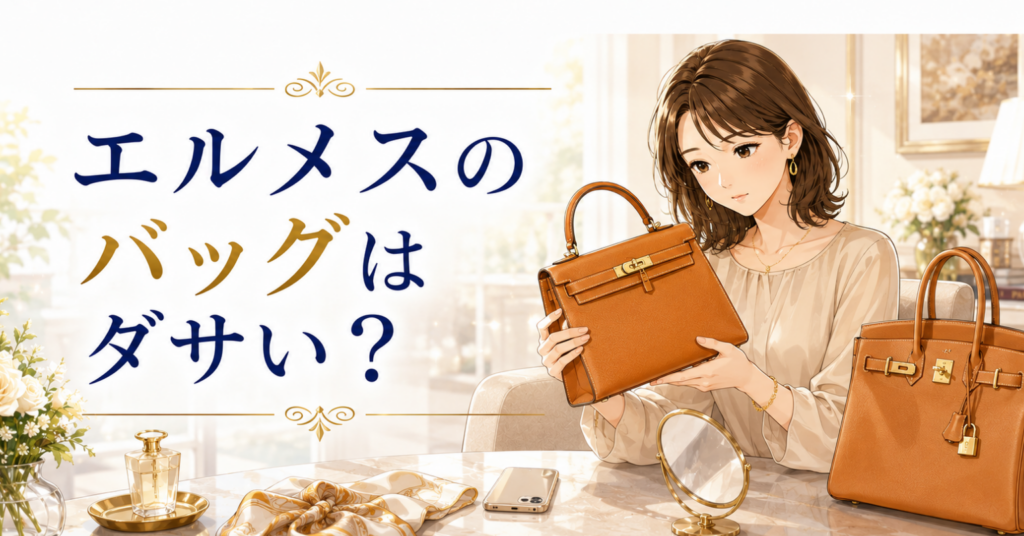エルメスのバッグはダサい？という文字と、オレンジ系のバッグを見ながら悩む女性のアイキャッチ画像