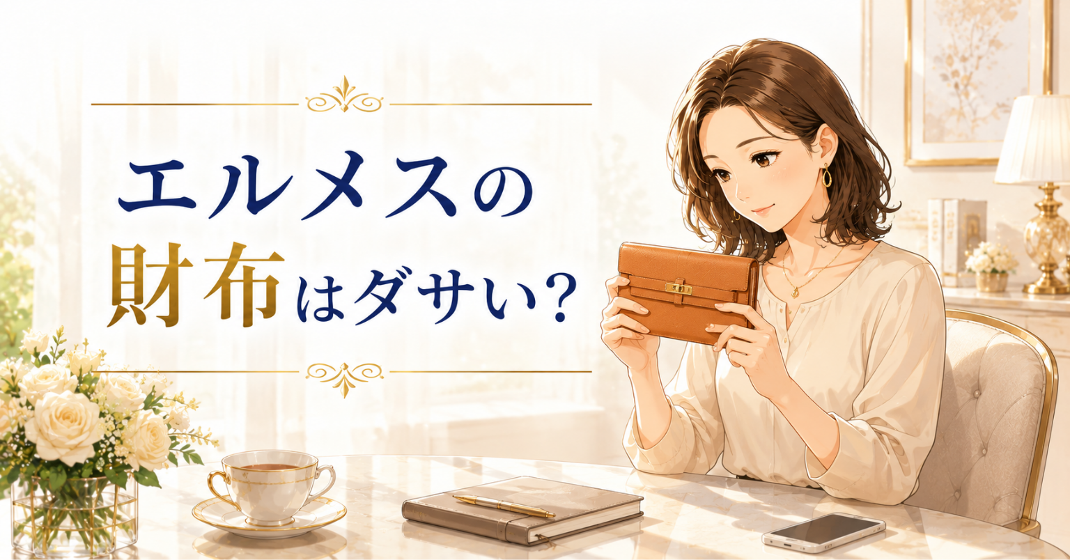 エルメスの財布はダサいのか気にしながら、ブラウンの上品な財布を手に取る女性のイラスト
