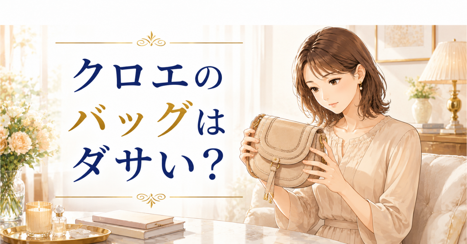 クロエ風の丸みのあるバッグを手に取り、ダサいか考える女性のアイキャッチ画像