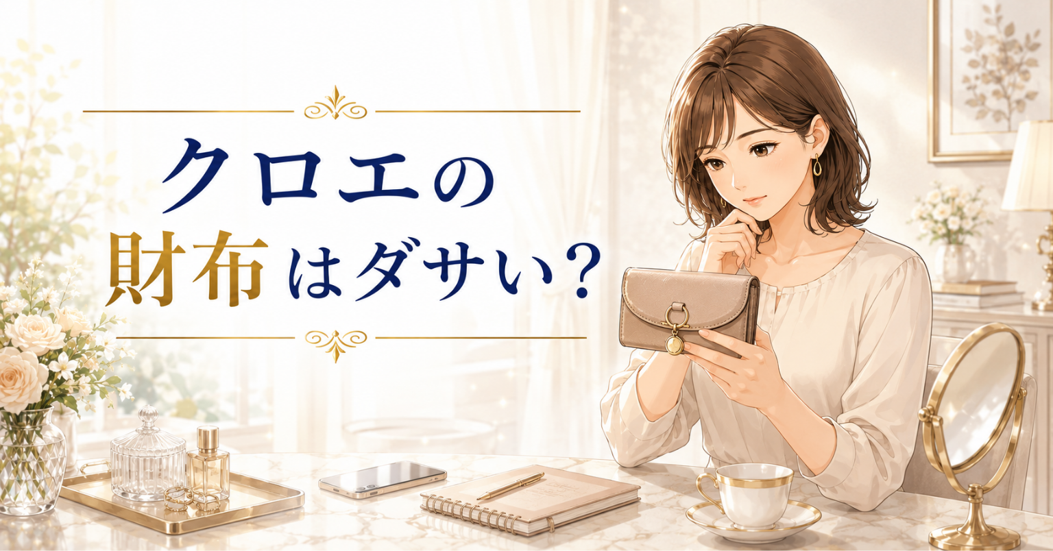 クロエの財布はダサいのか気になり、上品なベージュの財布を確認する女性のイラスト