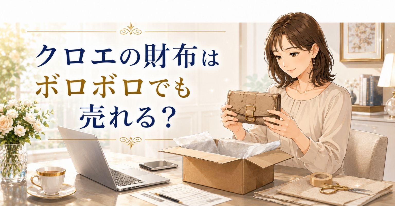 ボロボロになったクロエの財布を女性が査定前に確認しているアイキャッチ画像