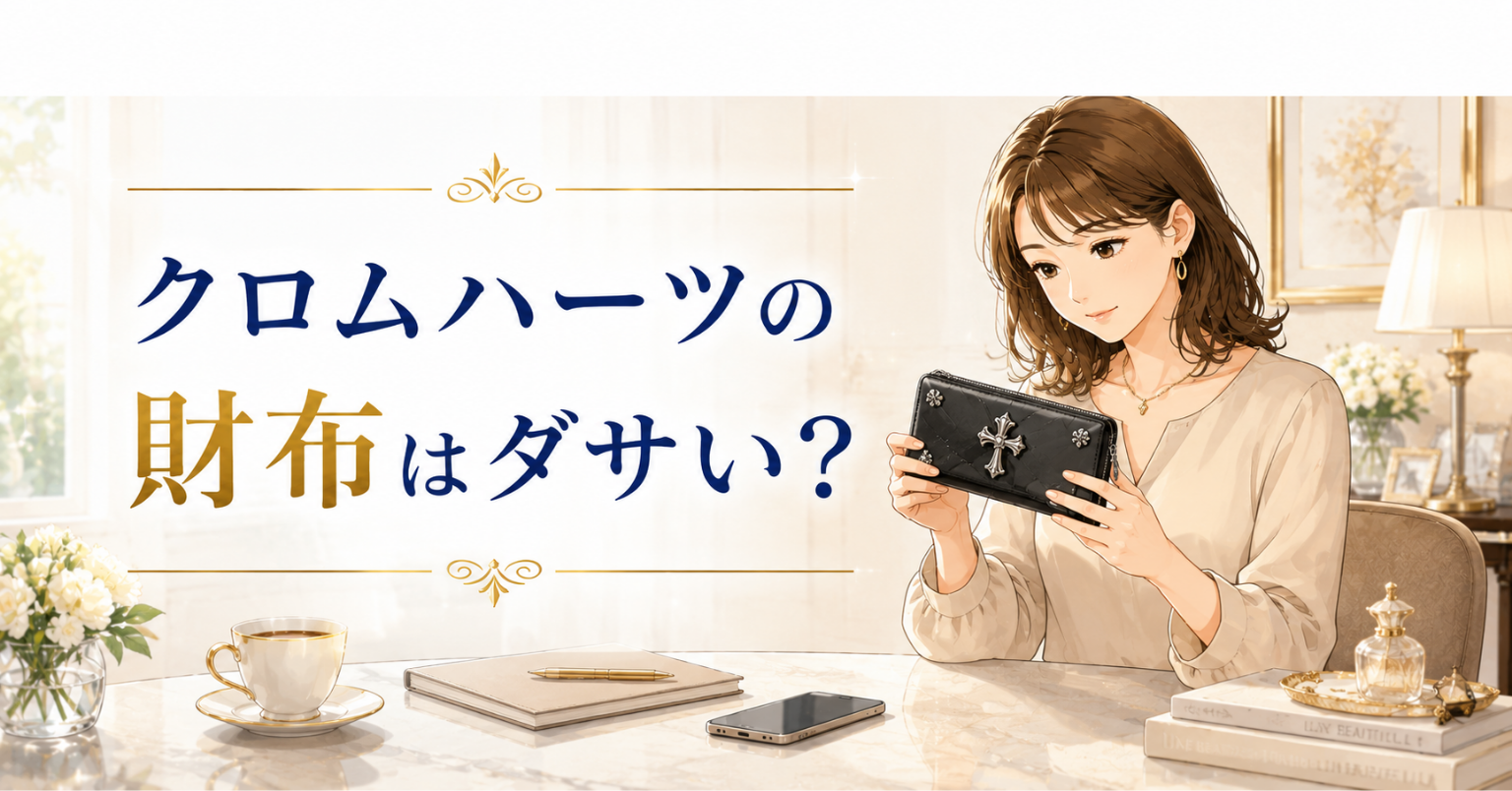 クロムハーツの財布はダサいのか気になり、黒いレザー財布を確認する女性のイラスト