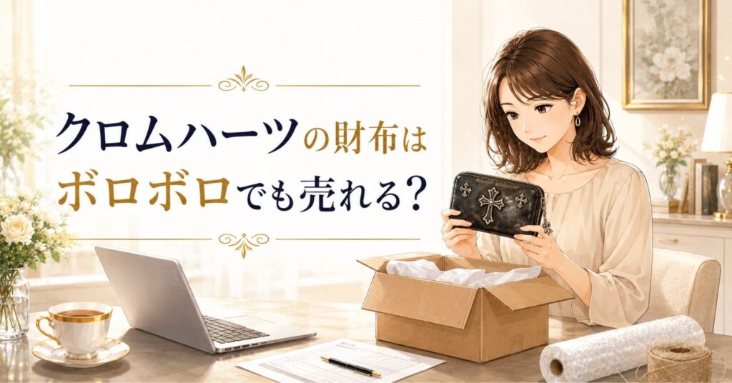 クロムハーツ風の黒い財布を女性が宅配買取前に確認しているアイキャッチ画像