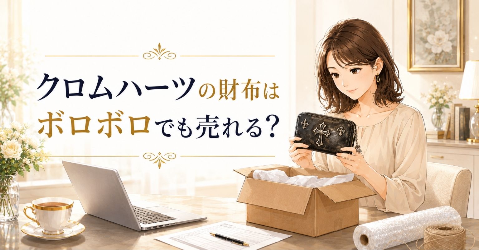 クロムハーツ風の黒い財布を女性が宅配買取前に確認しているアイキャッチ画像