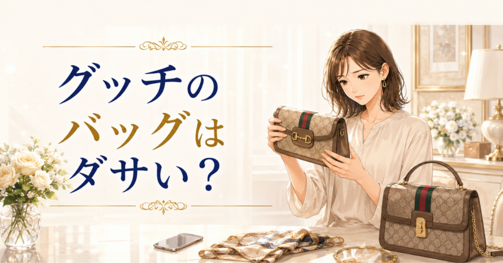 グッチのバッグはダサい？という文字と、バッグを手に取りデザインを確認する女性のアイキャッチ画像