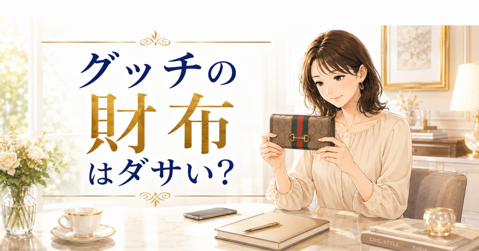 グッチの財布はダサいのか悩みながら、定番デザインの財布を見つめる女性のイラスト